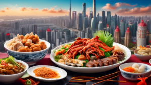 A vibrant and mouthwatering composition featuring a variety of iconic Shanghainese dishes against a backdrop of the city's skyline.