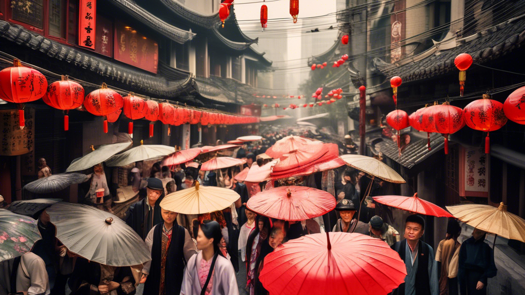 A bustling Shanghai street scene with people wearing traditional Chinese clothing and carrying umbrellas, showcasing the unique cultural heritage of the ci