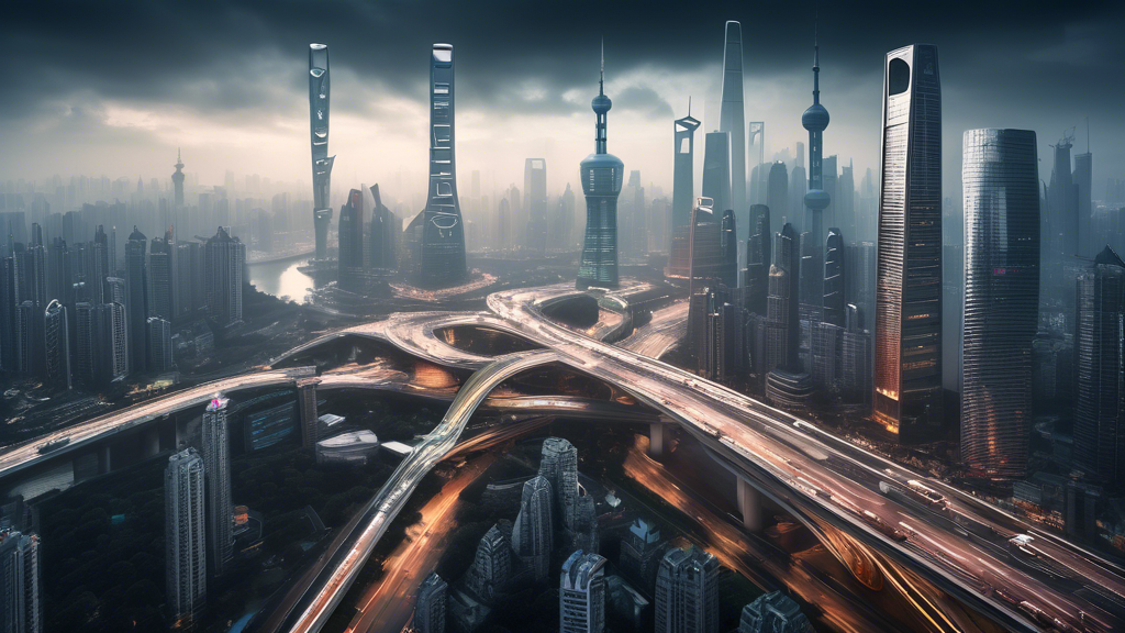 A bustling cityscape of Shanghai with futuristic transportation systems, such as elevated highways and levitating vehicles, seamlessly integrated into the