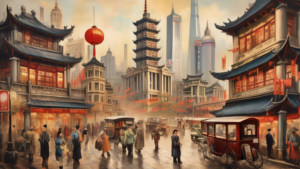 A nostalgic painting depicting the historical landmarks and moments of Shanghai, showcasing the city's rich past and evolution.