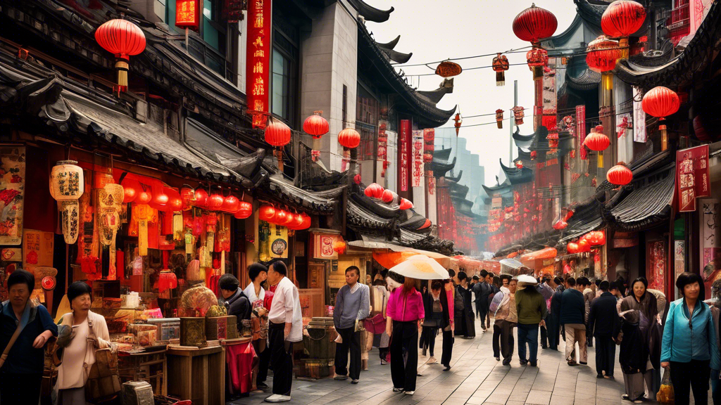 A vibrant and bustling Shanghai street scene showcasing a diverse array of shopping options, from traditional markets to modern shopping malls, capturing t