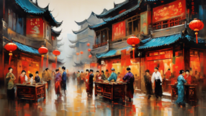 An intricate painting depicting the vibrant and elegant essence of Shanghai's art scene, capturing the fusion of Eastern and Western influences in a harmon