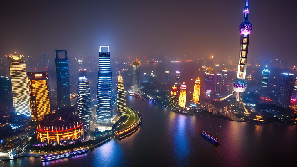 A long exposure photograph of Shanghai at night, showing the city's skyline dominated by skyscrapers and lights, with the Huangpu River in the foreground r