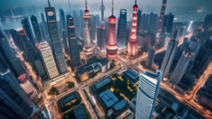 Shanghai cityscape blending traditional elements with modern skyscrapers and technology, reflecting the article's exploration of the city's journey from tr