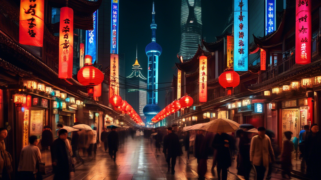 A vibrant and bustling street scene in Shanghai, showcasing the city's unique blend of traditional and modern culture, with skyscrapers towering over histo